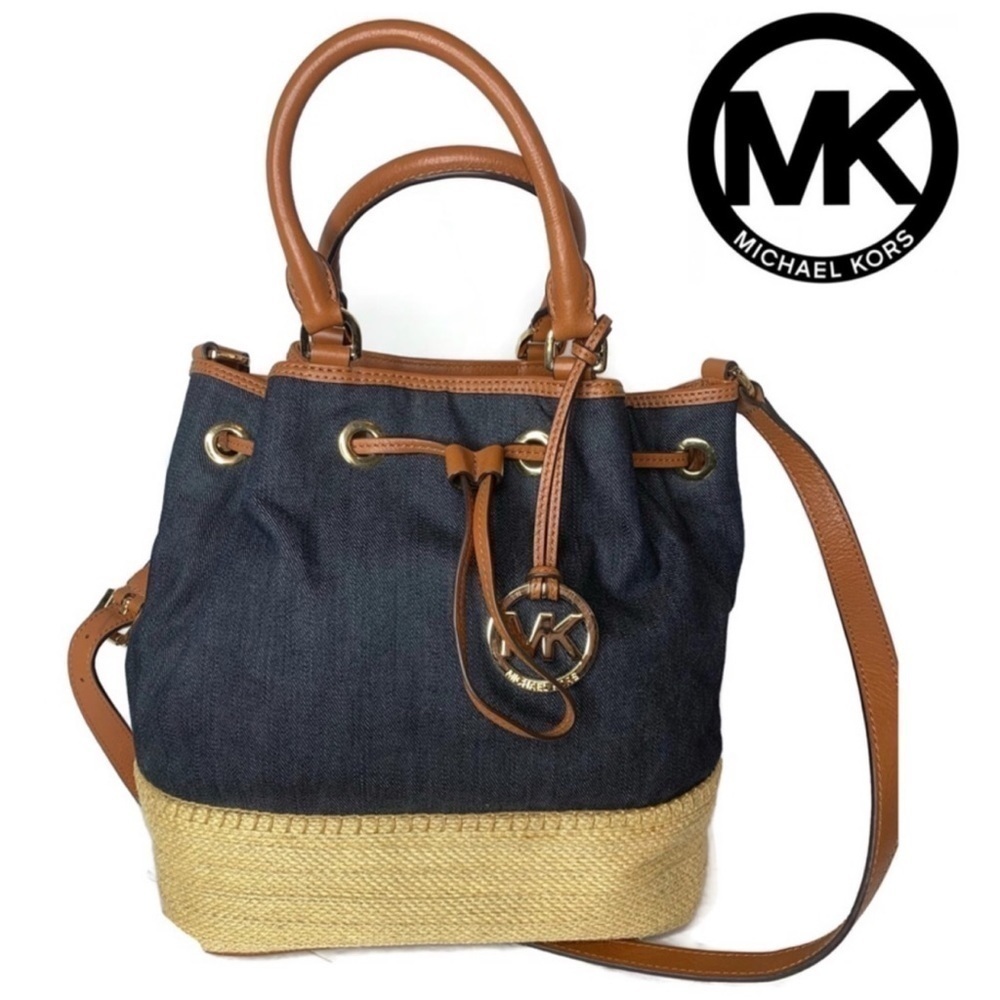 Michael Kors MK Denim Jean Straw Drawstring Bag